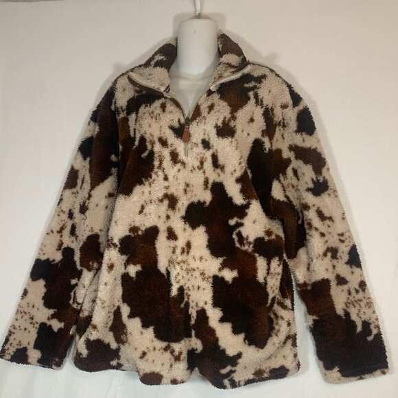 Brown Cow Print Sherpa Quarter Zip Pockets Ladies Sz XL Jacket - Picture 4 of 6